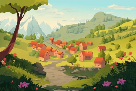 Background Village on the Hills Villages Drawing, Cartoon Village Background, Animation Background Design, Community Clipart, Hills Background, Hills Illustration, French Homework, Cartoon Village, Komik Strip