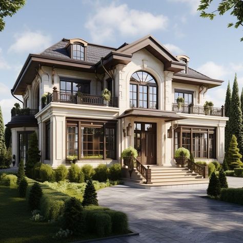 Heritage House Exterior, European Classic House, Modern Vintage House Exterior, Modern Houses Exteriors, Classical House Exterior, Neoclassical House Exterior, Layout Design Architecture House Plans, Elegant House Exterior, Neoclassical Architecture House