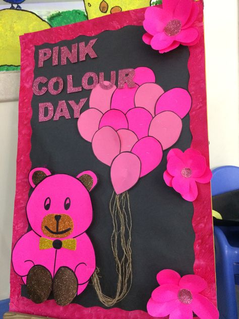 Color Pink Art For Preschool, Pink Day Decoration In Preschool, Pink Day Board Decoration In School, Pink Day Activity For Kids, Pink Colour Craft For Preschoolers, Pink Colour Day Decoration Ideas For School, Pink Day Crafts Preschool, Pink Day Activities Preschool Ideas, Pink Day Celebration Ideas In School