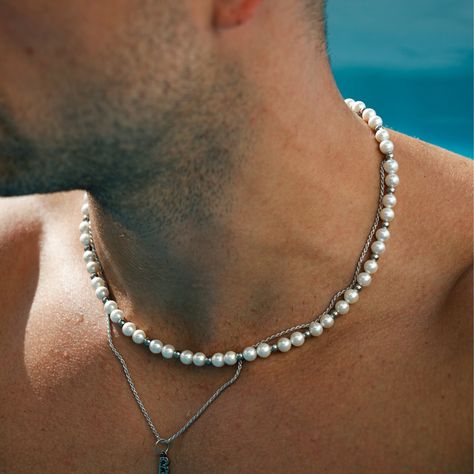 Men Silver Chain, Mens Pearl Necklace, Chain With Pearls, Pearl Necklace Men, Necklaces Men, Etsy Jewellery, Necklace Clasp, Jewellery Pouch, Silver Pearl Necklace