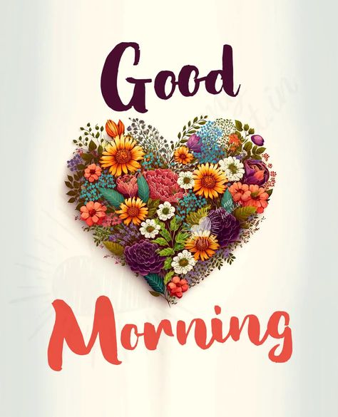 Share a lovely good morning image with a heart made of coloured flowers. Good Morning With Heart Images, Heart Good Morning Images, Good Morning Heart Images, Happy Morning Images, Good Morning Couple, Good Morning Wishes Love, Best Good Morning Images, Hello Good Morning, Love Good Morning