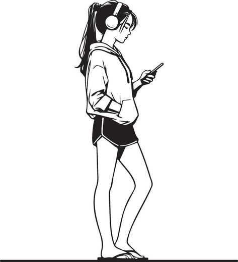 Woman Listen Music on Phone. Listening To Music Drawing Reference, Girl Listening To Music Drawing, Listening To Music Drawing, Girl Listening To Music, Headphones Drawing, Music Drawing, Person Walking, Music Drawings, Wedding People