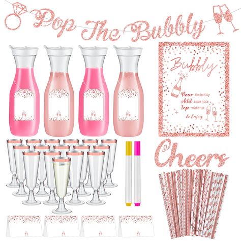 PRICES MAY VARY. Complete Set for a Memorable Mimosa Theme Party: bring the ideal touch of elegance and fun to your mimosa gathering with this comprehensive mimosa bar supply kit; It includes 4 plastic 34 oz water carafes with lids, 1 poster, 1 mimosa bar banner with string, 20 table cards, 20 juice tags, 25 plastic champagne flutes, 25 rose gold paper straws, 1 cheers sign, and 2 marker pens in gold and pink color; This set contains various elements needed for party decoration to provide conven Wedding Champagne Bar, Bridal Shower Mimosa Bar, Bar Banner, Rose Gold Bridal Shower, Pink Bachelorette, Plastic Champagne Flutes, Rose Gold Paper, Water Carafe, Bachelorette Party Planning