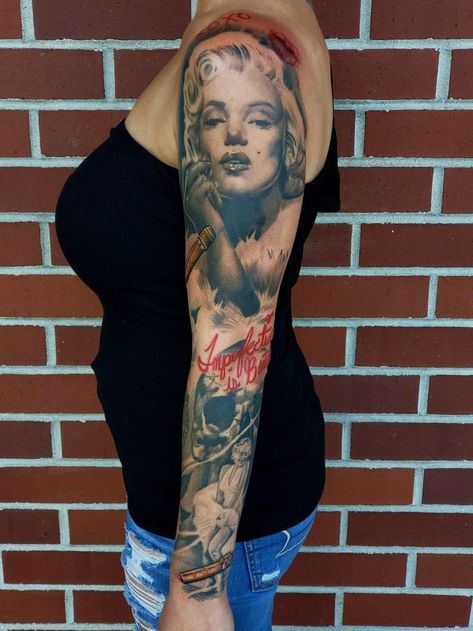 Marylin Monroe portrait tattoo sleeve with writing in lipstick Marylin Monroe Tattoo Sleeve, Marilyn Monroe Portrait Tattoo, Marilyn Monroe Tattoo Sleeve, Marilyn Monroe Tattoos, Marylin Monroe Tattoo Ideas, Marilyn Monroe Tattoo Ideas, Hollywood Tattoo, Monroe Tattoo, Portrait Tattoo Sleeve