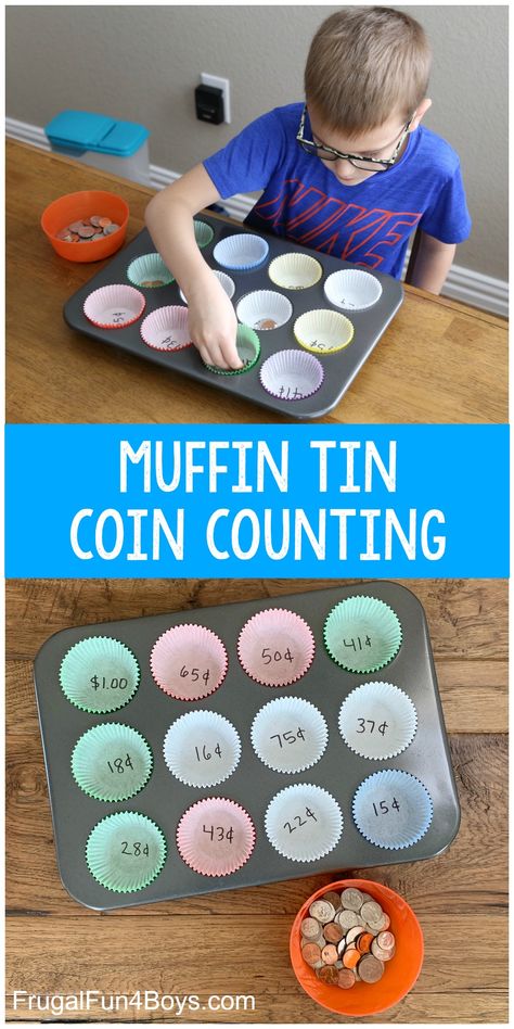 Use a muffin pan and some paper cupcake liners to set up a fun hands-on activity for coin counting practice! Awesome first grade math game. Counting Coins Activities, Money Value, Learning Money, Counting Coins, Counting Activity, Math Activities For Kids, Math Activity, Summer Learning, Counting Activities