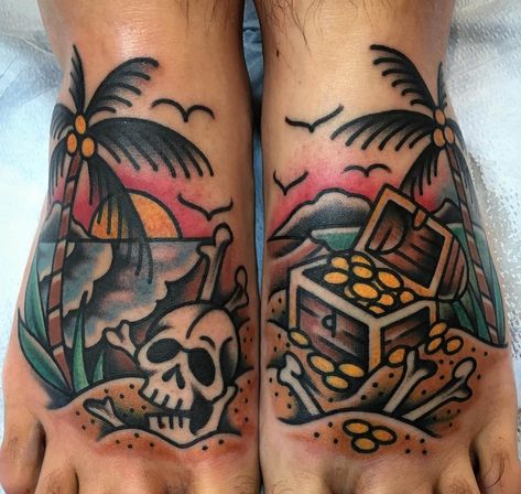 Isaac Combs | Chapter One Tattoo San Diego | Portfolio | American Traditional  | Deserted Island | Foot Tattoo  https://www.instagram.com/chapteronetattoo/ Pirate Tattoo, Traditional Style Tattoo, Tattoo Old School, Foot Tattoos For Women, Traditional Tattoo Sleeve, Tattoos Skull, Butterfly Tattoos, Old Tattoos, Classic Tattoo