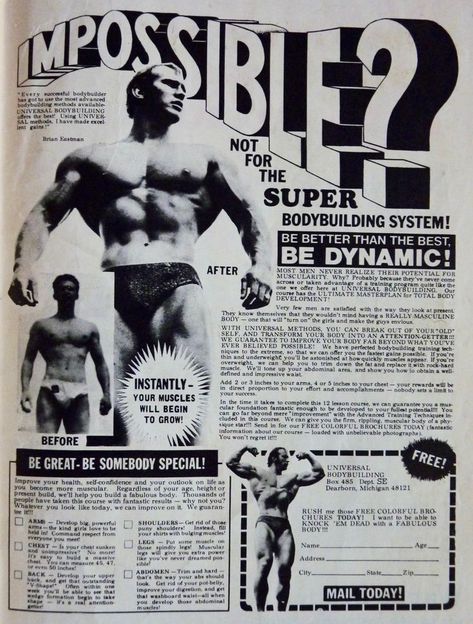 #bodybuilding #weightlifting #vintagead #1970s #neocurio Bodybuilding Posters, Vintage Muscle Men, Arnold Schwarzenegger Bodybuilding, Schwarzenegger Bodybuilding, Bodybuilding Diet, Workout Posters, Read Comics Online, Vintage Muscle, Read Comics