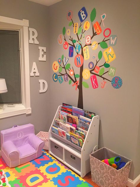 Playroom reading area Reading Area In Playroom, Quiet Reading Area Classroom, Day Decoration Ideas, Daycare Reading Center Ideas, Prek Reading Nook, Math Center Preschool Setup, Reading Area Daycare, Reading Corner For Preschool, Daycare Areas Ideas