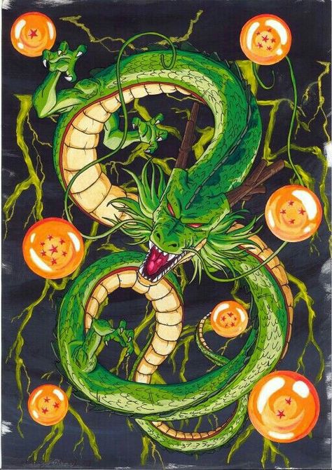 Shenlong 3 wishes Sheng Long, Shen Long Tattoo, Dragon Ball Tattoo, Dbz Art, Dragon Balls, Dragon Ball Wallpapers, Green Dragon, Dragon Ball Artwork, Dragon Ball Gt