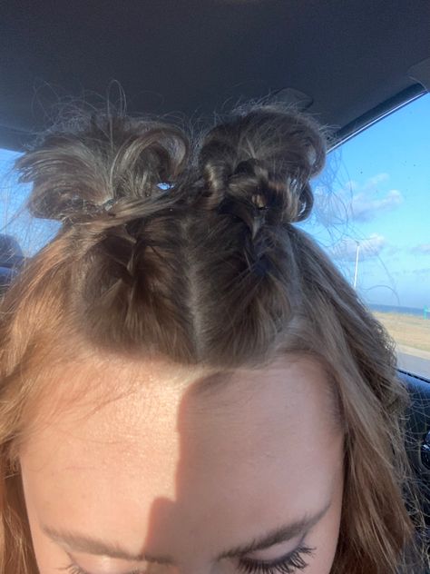 Braids With Buns Half Up, French Braided Space Buns, French Braid Space Buns Half Up, Braids Into Space Buns Half Up Half Down, Half French Braid Pigtails, 2 Small French Braids On Top Of Head, Braided Into Two Buns, How To Do Small Braids On Top Of Head, Half Up French Braid Pigtails