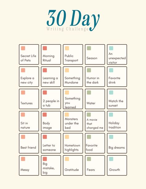 a grid showing 30 blocks featuring a new writing prompt every day 30 Day Writing Challenge Prompts, 30 Day Writing Prompts, Write A Novel In 30 Days, Fiction Writing Challenge, Writing Challenge Creative, Writers Challenge, Creative Writing Challenge, 30 Days Writing, 30 Days Of Writing