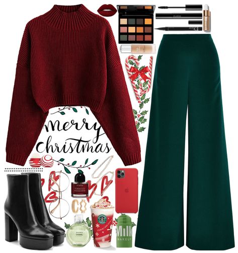 Xmas Style Outfit, Christmas Colours Outfit, Christmas Outfit Green Pants, Red And Green Christmas Outfit Women, Red With Green Outfit, Green Christmas Outfit Aesthetic, Christmas Green Outfit Ideas, Red And Green Outfit Christmas, Christmas Fashion Outfits 2023