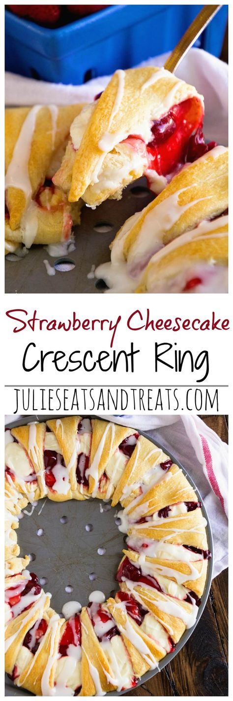 Strawberry Cheesecake Crescent Ring ~ Tender, Flaky Crescent Rolls Stuffed with Strawberry Pie Filling & Cheesecake then Drizzled with Icing! Perfect Quick & Easy Breakfast Recipe! @luckyleaf Quick Easy Breakfast, Breakfast Recipes Easy Quick, Crescent Recipes, Strawberry Pie Filling, Easy Breakfast Recipe, Pillsbury Recipes, Crescent Ring, Dessert Simple, Crescent Roll Recipes