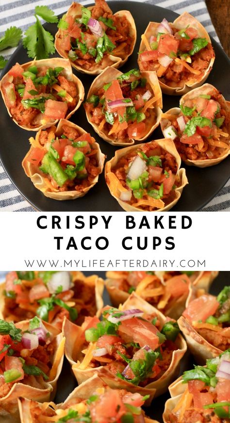 These easy taco cups are layered with refried beans, taco meat, and dairy-free cheese. Baked in wonton wrappers, these crispy taco cups make the perfect appetizer, snack, or dinner for a fun cinco de mayo or game day celebration. Top with pico de gallo, guacamole, or fresh avocado to make them your own! #dairyfree #tacocups #cincodemayo Taco On A Stick, Taco Bites Appetizers Wonton Wrappers, Wonton Wrapper Taco Cups, Taco Cupcakes With Tortillas, Taco Cups Wonton, Wonton Poppers, Wonton Taco Cups, Taco Cups Recipe, Tasty Tacos Recipe