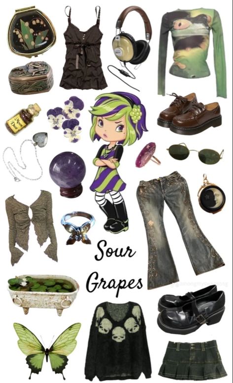 Strawberry Shortcake Characters Outfit Inspiration, Strawberry Shortcake Character Inspired Outfits, Strawberry Shortcake Characters Outfits, Strawberry Shortcake Aesthetic Outfit, Sour Grapes Strawberry Shortcake, Grape Outfit, Aries Outfits, Kida Disney, Strawberry Shortcake Outfits