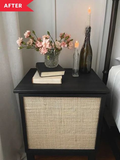 Before and After: This DIYer Constructed a Rattan Nightstand Using an IKEA Piece | Apartment Therapy Tarva Nightstand, Ikea Nightstand Hack, Nightstand Hack, Rattan Nightstand, Ikea New, Cane Webbing, Small Hinges, Furniture Hacks, Nyc Apartment