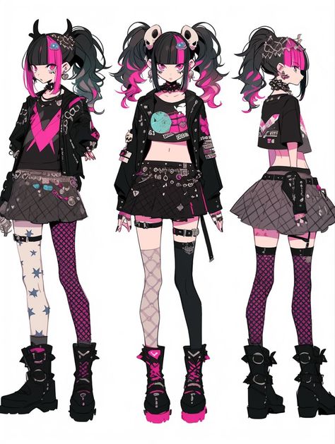 Punk art to save to your art board. #punkart #artboard . #Croquis #Anime_Emo_Outfits_Drawing #Punk_Anime_Characters #Anime_Goth_Clothes Edgy Pink Outfits Drawing, Scene Character Design, Punk Fashion Drawing, Punk Anime Female, Punk Character Design, Vtuber Design, Estilo Cyberpunk, Rock Star Outfit, Vtuber Model