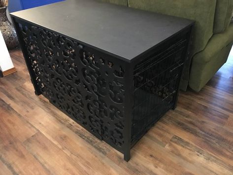 I saw a dog cage cover online but it did not give me the look I was going for. So I was opted to build a table to house my dog cage and add a pretty cover. Hidden Dog Crate, Dog Crate Hack, Dog Cage Cover, Metal Dog Cage, Photos Of Puppies, Dog Crate Table, Dog Boredom, Metal Lattice, Diy Dog Crate