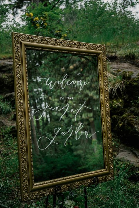 Alice in Wonderland in Secret Garden - A PRINCESS INSPIRED BLOG | Secret Garden Wedding Ideas #mirrorsign The Secret Garden Wedding, Secret Garden Backdrop, Enchanted Forest Decorations Prom, Enchanted Garden Prom Theme Decor, Secret Garden Centerpieces, Enchanted Garden Prom Decorations, Secret Garden Invitations, Secret Garden Sweet 16, Garden Of Lights Prom Theme