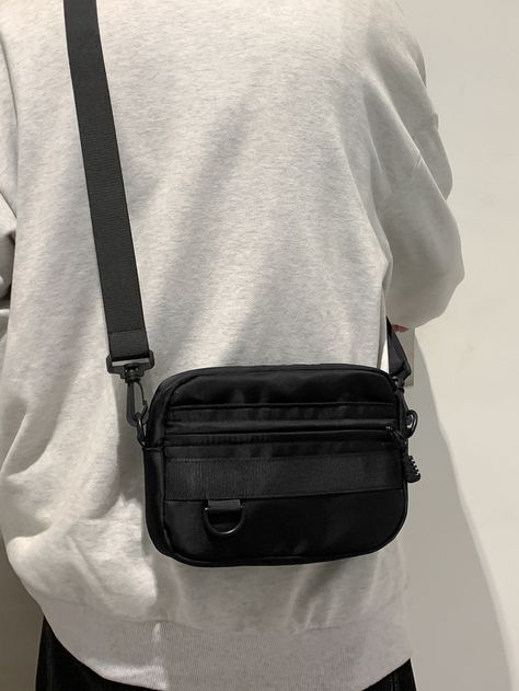 Black  Collar  Polyamide Plain Square Bag Embellished   Men Bags Shein Crossbody Bags, Cross Bags Men, Man Purse Outfit, Side Bag For Man, University Freshman, Men Crossbody Bag, Mens Gym Bag, Sling Bag For Men, Mens Crossbody Bag