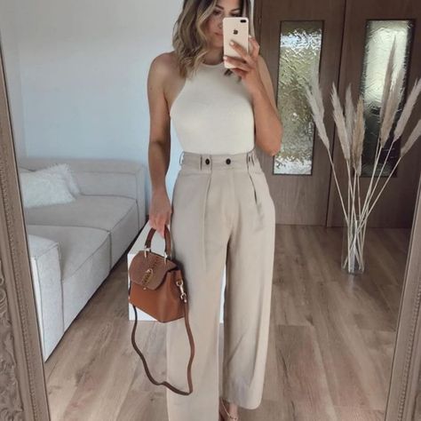 Khaki Color Pleated/Button Waist Cuffed Bottom B18 133 Summer Professional Outfit, Conference Outfit, Summer Business Casual Outfits, Dress Pants Outfits, Summer Office Outfits, Work Outfit Office, Professional Outfits Women, Stylish Work Attire, Business Casual Outfits For Women