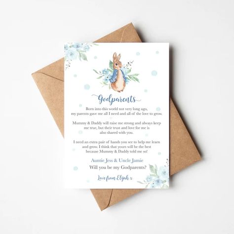 PetitePaperieUK - Etsy UK Baptismal Invitation For Godparents, Peter Rabbit Flopsy, Godparent Proposal, Flopsy Bunny, Boy Christening, My Son Birthday, Spelling And Grammar, God Parents, Child Life