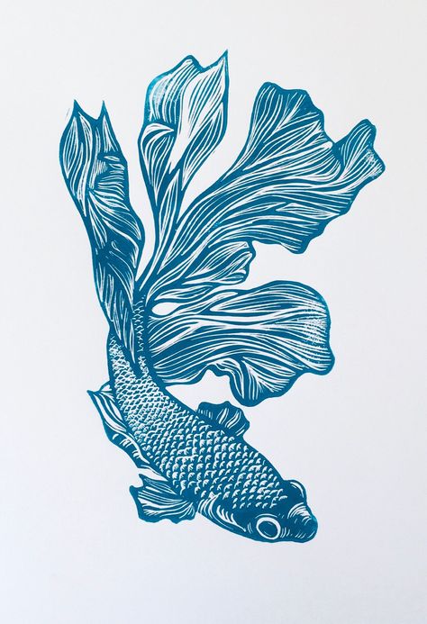 Black And White Botanical Illustration, Beta Fish Illustration, Beta Tattoos, Beta Fish Tattoos, Fish Lino Print, Fish Printmaking, Linolium Printing, Linocut Tattoo, Linocut Art Ideas