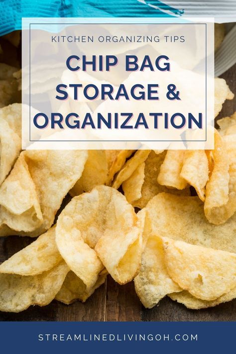 Organize your kitchen pantry by getting  unruly bags of snacks and chips in order.  These organization and storage ideas will help you bring organization to your space and use the space better.  Great tips for organizing in households with snack lovers! Storing Chip Bags In Pantry, Crisps Storage Ideas, Chip Storage Ideas Pantries, Potato Chip Storage Ideas, Chip Bag Storage, Chip Storage Ideas, Reusable Bags Storage, Quick Organization, Snack Station