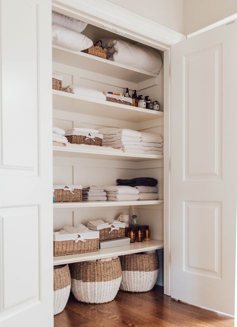 Linen Closet Pantry, Linen Cabinet Hallway Organization, Guest Linen Closet Organization, Storage Closet With Shelves, Linen Closet System, Building A Linen Closet, Linen Closet Organization Baskets, Linen Closet Build, Shallow Linen Closet Organization