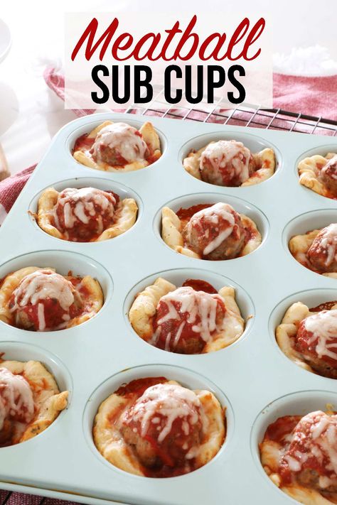 These meatball sub cups are such a fun recipe for individual meatball subs and the perfect appetizer for game days or even a fun way to eat dinner! An easy appetizer using crescent rolls, frozen meatballs, marinara sauce and mozzarella cheese. Made in under 30 minutes! Meatballs Crescent Rolls, Meatball Crescent Cups, Crescent Roll Meatball Recipes, Frozen Mini Meatball Recipes, Meatball Appetizer Recipes Finger Foods, Meatball Crescent Rolls, Frozen Meatball Appetizer Recipes, Mini Meatballs Recipe, Meatball Cups