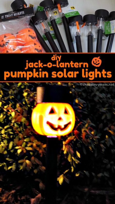 Diy Light Up Halloween Decorations, Halloween Driveway Lights, Halloween Lighted Pathway, Diy Pumpkin Lights, Pumpkin Bucket Solar Lights, Diy Halloween Walkway Lights, Diy Halloween Lighting Outdoor, Diy Solar Lights Ideas Dollar Stores, Diy Pumpkin Pathway Lights