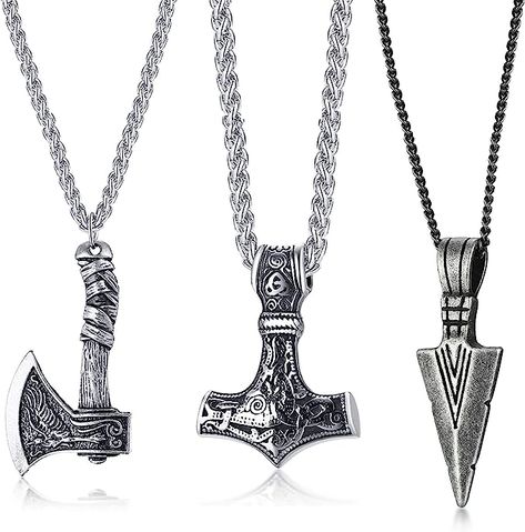 * ECONOMICAL NECKLACES SET * One order arrives with 3 Pcs Necklace in different style: Including 1Pcs 1 Pcs Vikings hammer Necklace(1.5*2.0 Inches),1 Pcs Viking Warrior Spear Head Necklace(0.8*2.2 Inches );1 Pcs Norse Axe Necklace(1*2.0 Inches).;1 pcs 24 inches rolo chain and 1 pcs 24 inches curb chain,1 pcs 24 inches box chain,go well with other jewelry,Muti-style Give You Mutiply Wearing Chioce Everyday, Also economical choice for you. Hammer Necklace, Spear Head, Hammered Necklace, Viking Pendant, Ancient Vikings, Arrowhead Necklace, Talisman Necklace, Viking Necklace, Norse Vikings