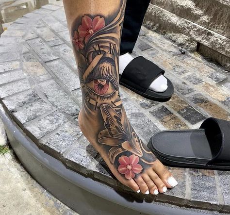 Flower Leg Tattoos Black Women, Color Leg Tattoos Women, Foot And Leg Tattoos For Women, Front Of Leg Tattoos Women, Beautiful Spine Tattoos, Cute Foot Tattoos, Girl Thigh Tattoos, Spine Tattoo Ideas, Girl Neck Tattoos