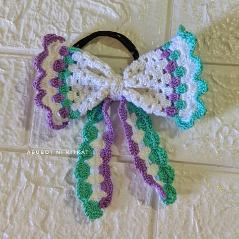 Crochet Ribbon Hair Tie, Ribbon Hair Tie, Crochet Ribbon, Ribbon Hair Ties, Crochet Dreams, Crochet Bow, Mercerized Cotton Yarn, Purple And Teal, Hair Ribbon