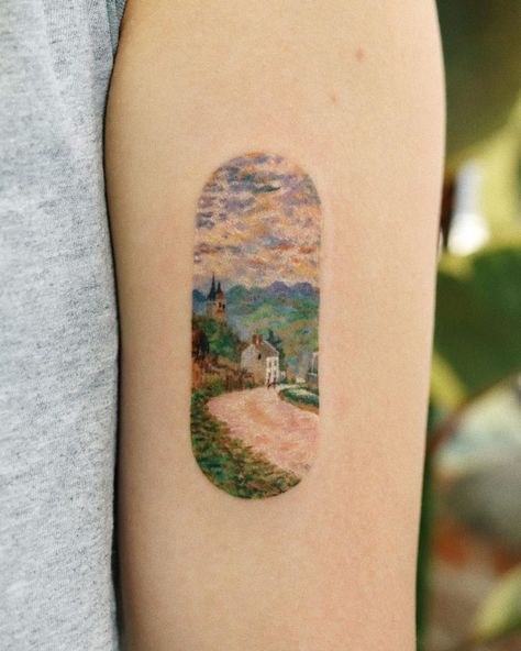 Europe Landscape Tattoo | Best Tattoo Ideas Gallery Impressionism Tattoo, Countryside Tattoo, Switzerland Tattoo Ideas, Europe Tattoo Ideas, Switzerland Tattoo, France Tattoo, Europe Landscape, German Tattoo, Landscape Tattoo