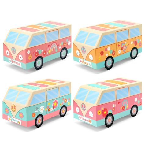 PRICES MAY VARY. Set of 12 retro paper storage boxes perfect for 60s theme birthday parties Boxes measure 11.02in x 8.27in x 0.79in; large enough to hold party favors and candy Easy assembly without glue or tools; Made from thick, sturdy cardstock paper Use as table centerpieces, cake toppers, or to hold treats and favors for guests Vintage hippie bus design with peace signs, flowers, and groovy 60s graphics What is better than delighting your little hippie by using our adorable groovy gift boxe Two Groovy Birthday, Hippie Birthday Party, 60s Theme, Rainbow Party Supplies, Candy Paper, Groovy Party, Two Groovy, Groovy Birthday, Hippie Birthday