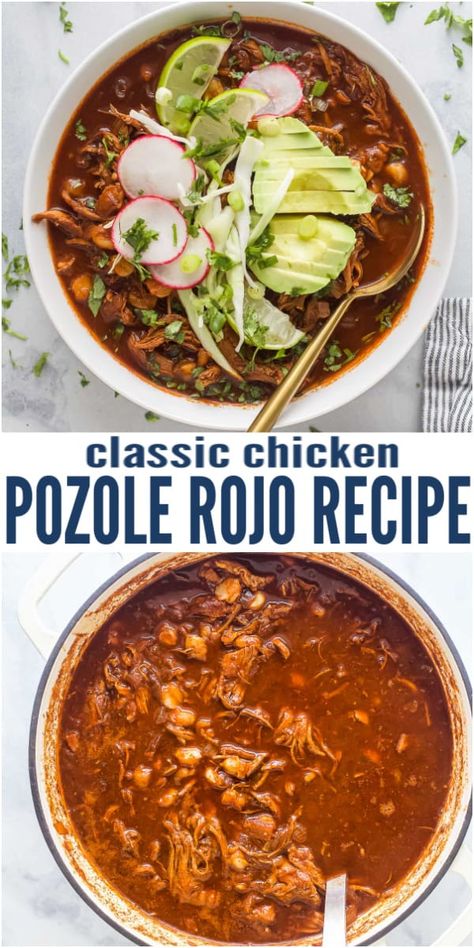 This Chicken Pozole Rojo Recipe is made with a variety of red chilis for deep rich flavors, shredded chicken and hominy. Each bite boasts of authentic Mexican flavors for the perfect comforting dinner recipe. #pozolerecipe #chickenpozole #pozolerojo #souprecipes #chickenrecipe #easydinnerideas #easychickenrecipes Pozole Chicken Recipe, Red Chicken Posole Recipes, Pozole Recipe Chicken Crock Pot, Pasole Recipe Chicken Red, Pozole Recipe Rojo, Chicken Pozole Rojo Recipe, Chicken Posole Crockpot, Chicken Red Pozole Recipe, How To Make Chicken Pozole