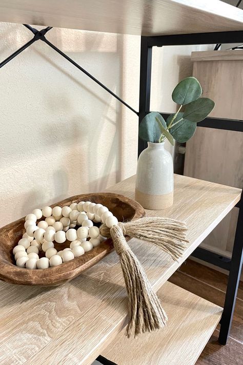 Beads In Bowl Decor, How To Style Wooden Bead Garland, How To Style A Decorative Bowl, Beads In A Bowl Decor, Decorative Beads In Bowl, How To Style Wooden Beads, Wooden Trays Decoration, Bowl With Beads Decor, Wooden Bead Decor Ideas