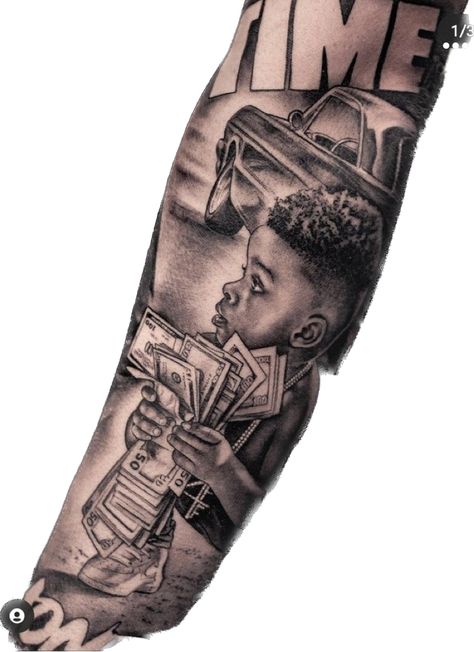 Tattoos Street Style, Bank Roll Tattoo, Maffia Tattoo, Leg Tattoo Men Sleeve, Get Rich Or Die Trying Tattoo, Time Is Money Tattoo, Pirate Girl Tattoos, Street Tattoos, Star Sleeve Tattoo