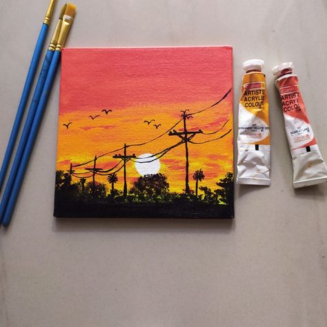 Sunset Mini Painting, Mini Canvas Sunset, Sunset Acrylic, Sunset Painting Acrylic, Japanese Ink Painting, Sky Art Painting, Meaningful Drawings, Paper Ring, Unique Drawings