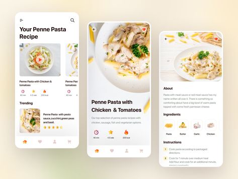 Recipes App Design, Cooking App Design, Recipe App Ui Design, Recipe Website Design, Recipe App Design, Penne Pasta Recipes, Recipe Web, Meal Planning App, Recipe App