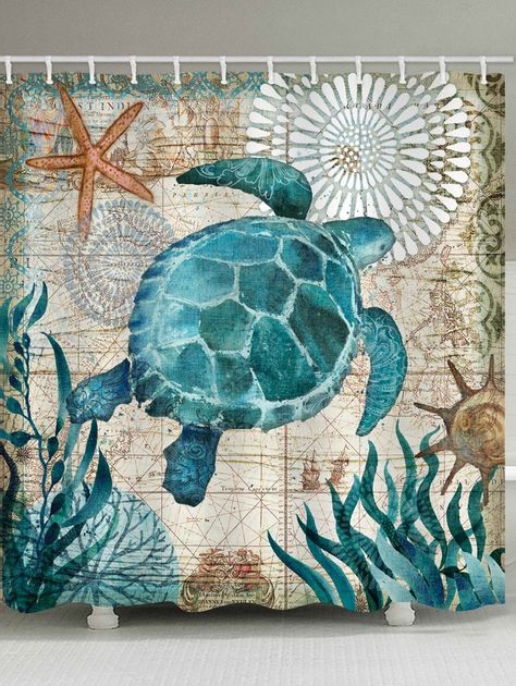 Nautical Turtle Print Waterproof Shower Curtain - Turtle Bathroom, Coastal Shower Curtain, Do It Yourself Decoration, Funny Shower Curtains, Decor Baie, Unique Shower Curtain, Plywood Furniture, Patterned Shower Curtain, Curtain Material