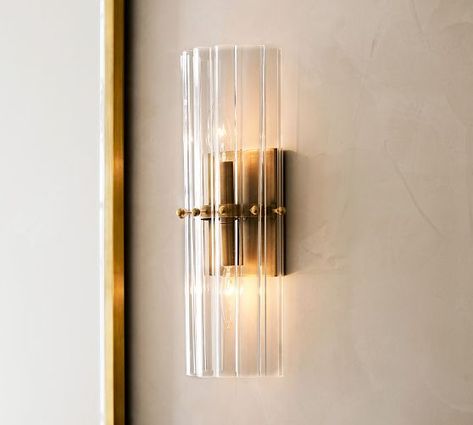 Wall Sconces & Sconce Lights - Wall Lighting | Pottery Barn Vanity Sconces Bathroom, Hallway Sconces, Powder Room Lighting, Sconces Bathroom, Evening Star, Art Deco Bathroom, Crystal Bath, Bathroom Sconces, Round Chandelier