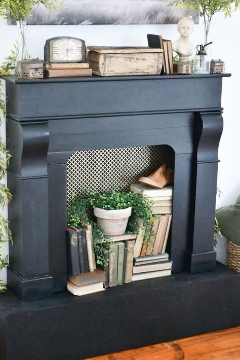 Faux Fireplace Brick Wall, Black Faux Fireplace Mantel, Diy Antique Fireplace Mantle, Painted Faux Fireplace, Black Faux Fireplace, Faux Fireplace Insert, Faux Fireplace Mantle, Fireplace With Mantle, Faux Mantle