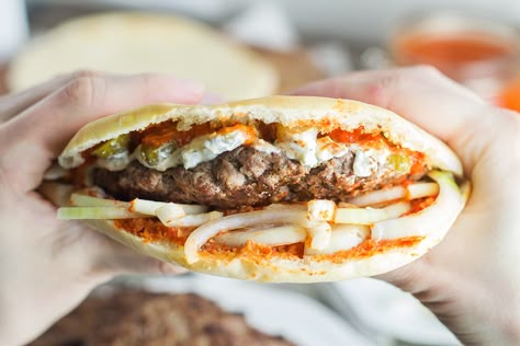 Burger, called Pljeskavica, will make you forget about all those other burgers from fast food chain places from the very first bite! | cookingtheglobe.com Real Burger, Balkan Food, Bosnian Recipes, Serbian Recipes, Croatian Recipes, Burger Recipe, Fast Food Chains, Food Chain, Food Places