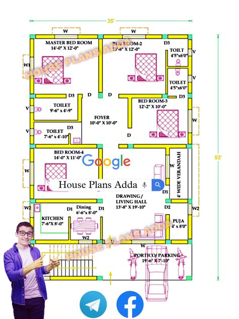 East Facing House Plan, Simple Bungalow House Designs, Cabinet Fridge, 30x40 House Plans, Hall Room, Little House Plans, Living Hall, Modular Kitchen Design, Vastu Shastra