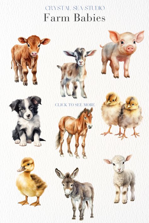 This heartwarming clip art bundle features 14 charming images of baby farm animals. Digital download. Calf, kid, piglet, foal, border collie puppy, donkey, duck, chicken, lamb. Cute Farm Animals Illustration, Farm Animals Aesthetic, Watercolor Farm Animals, Farm Animal Clipart, Farm Animals Pictures, Farm Animals Decor, Farm Animal Crafts, Baby Farm Animals, Farm Baby