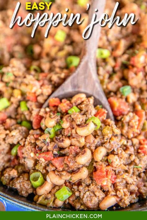 Hoppin' John - a New Year's Tradition! Southern legend has it that if you eat black-eyed peas on New Year's Day you will have good luck in the new year. Don't take any chances! Ground beef, sausage, black-eyed peas, onion, Rotel tomatoes and green chiles, garlic, celery, and bell pepper. Serve over rice with homemade cornbread. #newyears #hoppinjohn #goodluck #blackeyedpeas Blackeyed Pea Recipes, Hoppin John Recipe, Blackeyed Peas, Black Eyed Peas Recipe, Hoppin John, Main Dish Casseroles, Pork Recipes Easy, Homemade Cornbread, Hot Sausage