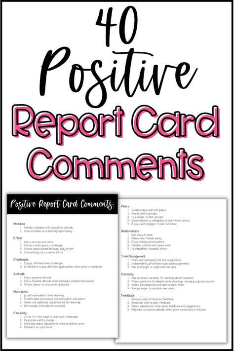 🌟 FREE - No more wasting time trying to think of report card comments. Just grab this PDF download full of positive report card comments and add it to your gradebook binder. Report Card Comments For Second Grade, Teachers Comments For Report Cards, Positive Report Card Comments, Kindergarten Report Cards, Comment Ideas, Behavior Report, Report Comments, Grading Papers, Behavior Plans