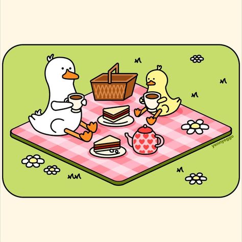 2 duck friends at a picnic 🐤 Picnic Cute Drawing, Cute Picnic Drawing, Picnic Doodle, Picnic Cartoon, Picnic Stickers, Picnic Drawing, Picnic Illustration, Peanut Festival, Duck Character